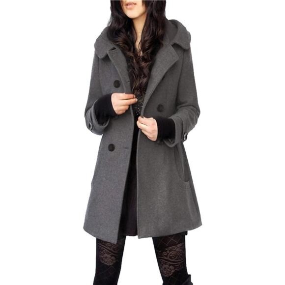 Women's Warm Double Breasted Wool Pea Coat Trench Coat Jacket with Hood